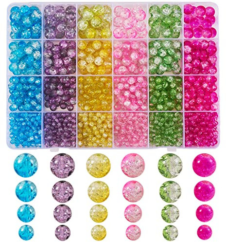 WEWAYSMILE 1500pcs 24 Modèles Perles Verre Craquelé Peintes à Bombe, Perles D'Espacement Fissure Verre 8MM, avec Boîte Rangement, pour Bracelet Fabrication Bijoux Bricolage Artisanat, 4~10mm