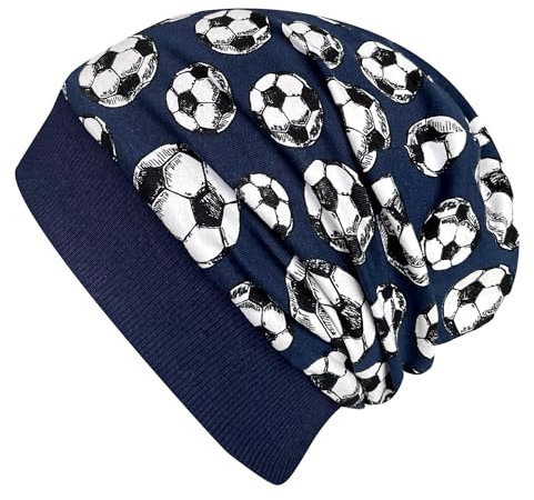 Wollhuhn Öko Warme Kuschelige Winter Jungen/Mädchen Winter Beanie-Mütze Mit Fleecefutter Versch. Motive (aus Öko-Stoffen, Bio) 20220666 (M, Fußball Dunkelblau)