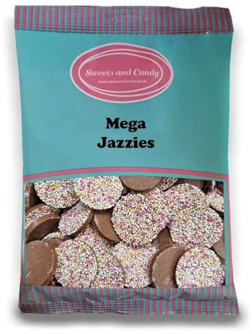 Sweets and Candy® Mega Jazzies 1Kg - Retro Giant Jazzies - Milk Chocolate Flavour Candy Discs with Colourful Sprinkles on Top - Bulk 1 Kilo Bag - Pick and Mix Share Size Bags
