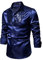 YILEEGOO Men's Shiny Satin Sequins Button Up Dress Shirts Long Sleeve Slim Fit Disco Party Prom Wedding Shirts Costume (Navy Blue, XXL)