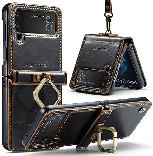 UFinetech Samsung Z Flip 4 Hülle, Stoßfest Scharnierschutz Ring Ständer Lanyard Schutzhülle Z Flip 4 Hülle, Leder TPU Bumper Folable Magnetische Kratzfest Handyhülle Samsung Flip 4 Hülle 5G, Kaffee
