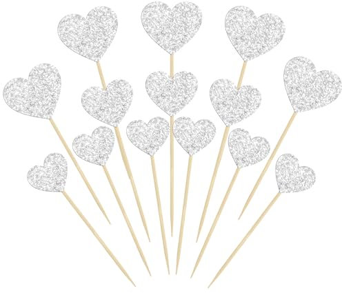Gyufise 30 Stück Herz Cupcake Topper Glitzer Sweet Love Thema Cupcake Picks Valentinstag Kuchen Dekorationen für Hochzeit Verlobung Brautdusche Geburtstag Party Kuchen Dekorationen Zubehör Silber