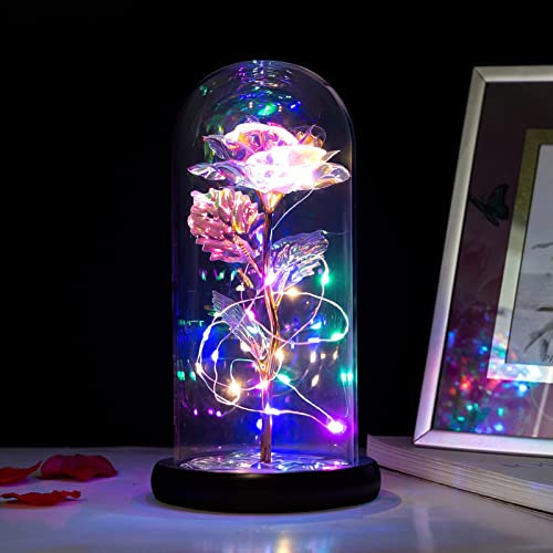La bella e la bestia rosa con luci a LED in cupola di vetro, regalo romantico per fidanzata, moglie, mamma, San Valentino, festa della mamma, matrimoni, anniversari, feste di compleanno
