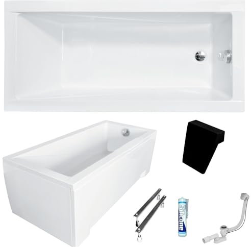ECOLAM Baignoire rectangle acrylique Modern 150x70 cm | tablier en acrylique | appui-tête noir | pieds silicone + siphon | ensemble complet | baignoire en acrylique blanc