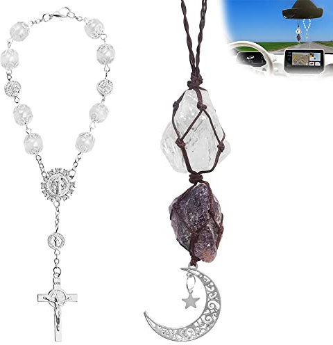 2 Stück Rückspiegel Zubehör, AFUNTA Mond Stern Amethyst Auto Spiegel Hängendes Zubehör Rosenkranz Perlen Katholisches Kreuz Auto Zubehör Wohnkultur