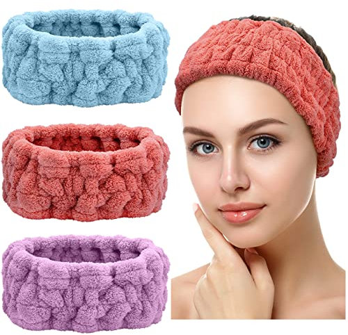 3 Stück Spa Gesicht Stirnbänder für Make Up und Waschen Gesicht Frottee Kosmetik Haarbänder Yoga Sport Elastisch Schminken Stirnband für Mädchen Damen (Rot, Blau, Lila)