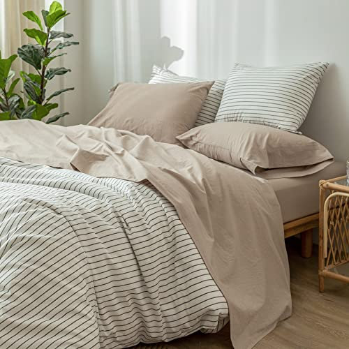 MooMee Bettwäsche-Set, 100 % gewaschene Baumwolle, leinenähnlich, strukturiert, atmungsaktiv, langlebig, weich, bequem (Taupe, King-Size)