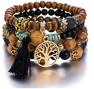 GAUEIOUR Boho, Multi-Layer Wooden Beaded Bracelet With Tassels - Tree of Life Design for Ladies, Elastic Four-Piece Set in Black
