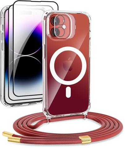 DiDaDi Handyhülle für iPhone 12 Mini Hülle mit Band & Magnet - Transparente Handykette, Abnehmbar mit 2X Panzerglas + Kameraschutz | Profi-Schutz Display & Kamera | Magnetisch Kompatibel (Rot)