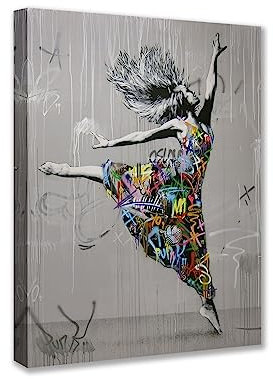 Graffiti-Straßen-Wandkunst, Banksy, Kunstgemälde, Tanzendes Mädchen, Bilder, Kunstwerk für Wohnzimmer, 1 Paneele, roter Druck auf Leinwand, Hausdekoration, gerahmt, Galerie, fertig zum Aufhängen