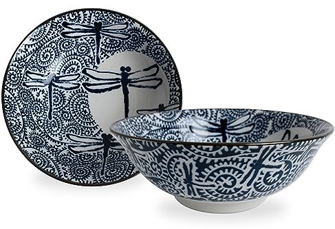 Mino ware Japanese Pottery Pair Ramen Noodle Donburi Bowl (set of two) made in Japan KND206 (Dragonfly Navy)