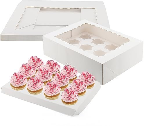 MUKCHAP 18 Pack 12 Hole White Cupcake Boxes, Cupcake Carrier Holder Bakery Boxes with Windows for Cookies Treats