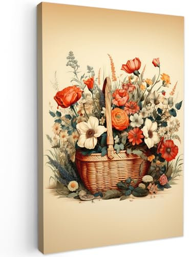 MuchoWow© Impression sur Toile Peinture 20x30 cm Tableau Mural Decoration Salon Reproductions de Tableaux Murale Moderne Vintage - Fleurs - Panier - Beige - Couleurs