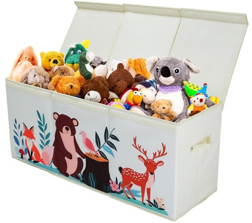 Grande Boîte à Jouets avec Couvercle pour Enfants, Coffre de Rangement Pliable Oxford avec Poignée, Imperméable Anti-poussière Boîte de Rangement pour Filles Garçons, 96×32×40 cm (Animaux de Forêt)