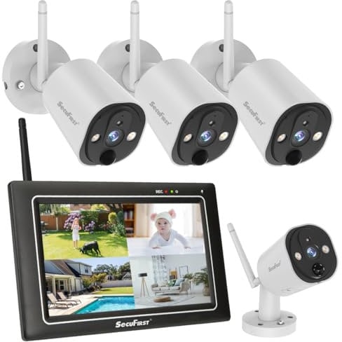 SecuFirst 2K Kit Camera Surveillance WiFi Exterieure sans Fil avec Moniteur, DVR Écran Tactile 7+4X Caméra Babyphone Travailler sans Internet,AI Détecteur Mouvement,Sirène,64 Go SD,Interphone