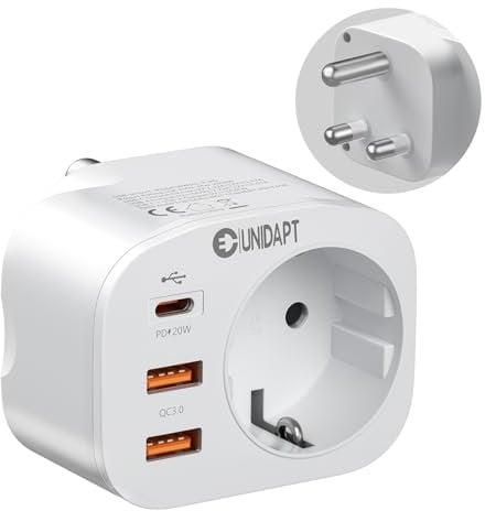 Unidapt Adattatore da viaggio dalla Germania al Sud Africa, adattatore da viaggio tipo M con 3 USB e 1 USB C da 20 W PD, adattatore per presa Sudafrica, Namibia, Lesotho, Mozambico