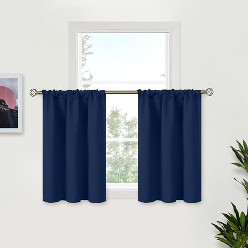 BGment Navy Blue Blackout Curtains 36 Inches Length for Kitchen Cafe Window - Half Window Drapes with Rod Pocket Room Darkening Blinds for Rv Bathroom Bedroom Privacy, 2 Panels, 34 x 36 Inch