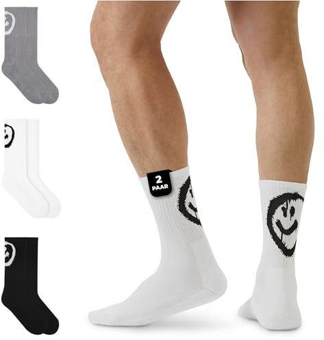 von Jungfeld 2er Set Weiße Tennissocken Damen & Herren in Gr. 43-46 - Lange Socken (Crew Socks) aus Bio-Baumwolle - Strümpfe mit Smiley Statement