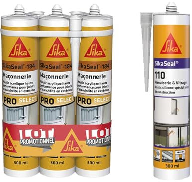 SIKA - Lot de 3 x Mastic acrylique - Réparation de fissures et joints pour fenêtres et murs - Blanc - 3x300ml + Mastic Silicone pour joint de menuiserie & vitrage - Transparent - 300ml
