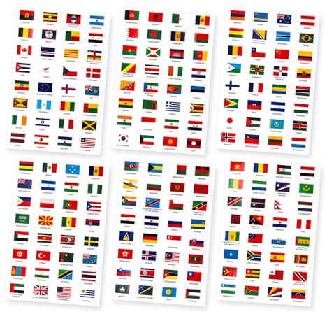 D'autocollants De Drapeau du Monde, 6 Feuilles Autocollants De Drapeaux 192 Pièces Autocollants De Passeport Stickers, Decoration Jeux Pour Planificateur De Voyage Bagages