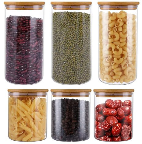 YOUNTHYE 6PCS Glass Storage Jars, 800ml, 1000ml Glass Jars with Bamboo Lids, Airtight Glass Kitchen Storage Containers Food Storage Jars for Pasta, Rice, Flour, Coffee, Cookie, Spice