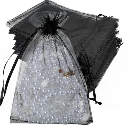 100 Stück Organzasäckchen Schwarz, Säckchen zum Befüllen 15x10cm Klein Geschenktüten Kleine Tüten Geschenksäckchen Organza Säckchen Kleine Tüten für Party Geburtstag Schmuck Beutel Festival