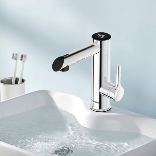 Briwellna Edelstahl Elektrischer Wasserhahn, 220V Warmwasserhahn,Durchlauferhitzer Wasserhahn für Bad, Elektrische Armatur mit Digitalanzeige (Chrom)