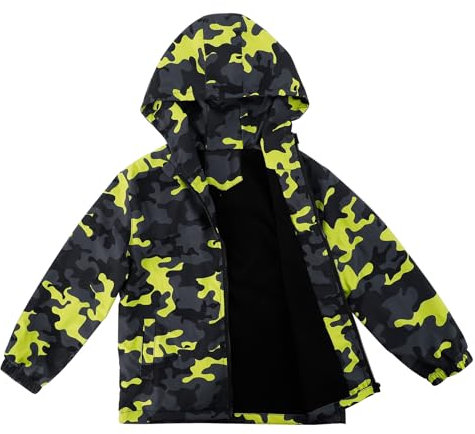 LACOFIA Veste Imperméable Enfant Garçon avec Doublure Polaire Veste Chaud Coupe Vent à Capuche Blouson de Pluie Automne/Hiver pour Enfant Camouflage Vert 9-10 ans