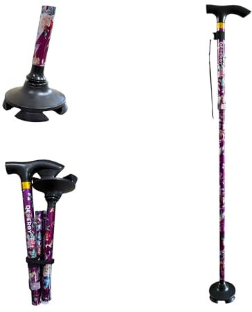 DEMERGY® Bastón Plegable para Mujer, Baston Extensible, 5 Niveles Altura Ajustable Bastón, Ligero Portátil Bastón de Viaje con Pulsera y Mango en T para Discapacidad de Edad Avanzada Base pivotante