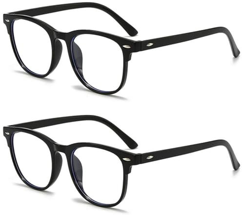 KEYRI 2 Paia Occhiali Anti Luce Blu, Occhiali da Lettura Anti Luce Blu con Trasparente Lenti Antiriflesso per Uomo e Donna Leggero Telaio Rotondo Occhiali per Pc con Blocco Della Luce Blu (Nero)