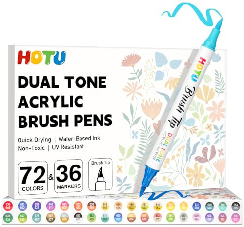 HOTU 72 colori pennarelli a vernice, pennarelli acrilici bicolori con 36 pezzi, pennarelli acrilici a doppia punta con pennello, asciugatura rapida per tessuti, tela, roccia, vetro, legno, fai da te