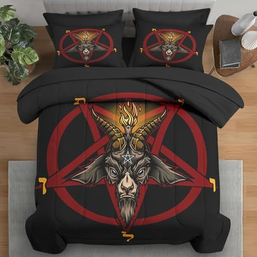 Pamnest Bettdecken-Set für King-Size-Bett, Baphomet mit rotem Pentagramm, 7-teilig, für Kinder und Erwachsene, Vintage-Bettwäsche-Sets mit Halloween-Ziege, schwarz, mit Spannbettlaken, 2 Kissenbezügen
