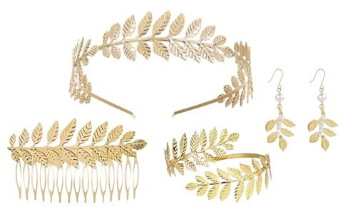 JOZMMZEOOA 4 Stücke Griechische Göttin Kostüm Accessoires,Gold Griechische Göttin Schmuck Kostüm Griechische Göttin Accessoires Verstellbar Lorbeerkranz Kopfschmuck Perlenohrringe Haarkamm Armbinde