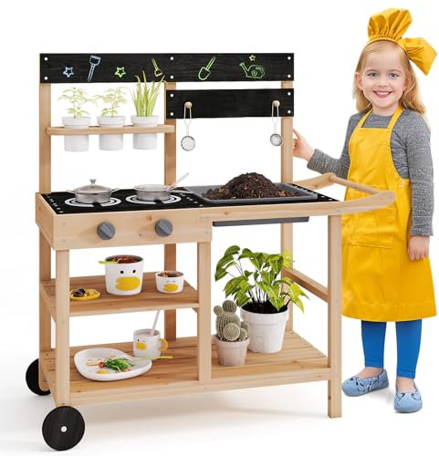GYMAX Kids Mud Kitchen, Wooden Toy Kitchen with Wheels, Blackboard, Stoves, Sink, Storage Shelves and Accessories, Outdoor Cooking Role Playset for Boys Girls