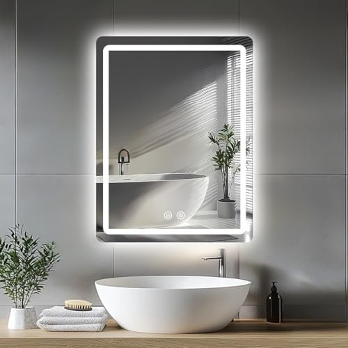 JAMUBOCHE Miroir LED lavabo 69x49 cm, miroir électrique rasage douche, intensité variable, éclairage rétroéclairé