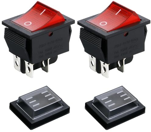 Powice 2X Glühen Schalter Mit Wasserdichter Abdeckung,Schiffstyp Selbstsichernder 4Poliger Schalter 230V mit Rotem Licht,Wippschalter16A/250V/20A/125V Geeignet für den Einbau in Häusern(Rot)
