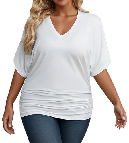 Camiseta de manga corta para mujer, con cuello en V, cuello de pico, holgada, básica, holgada, de manga corta, de algodón, corte holgado, informal, blusas, Blanco, XXL
