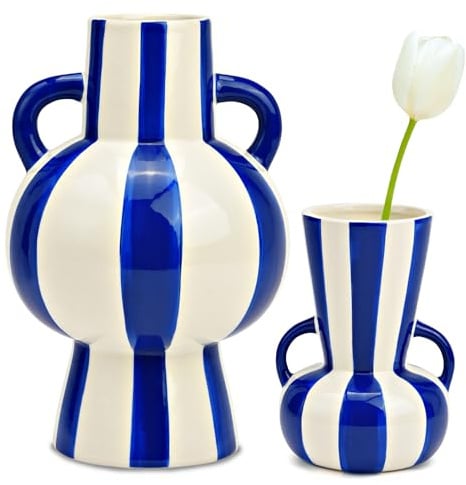 matches21 HOME & HOBBY Blumenvasen Set bunt gestreift, blau weiß in 2 Größen - Moderne Keramik Vase als Wohnzimmerdeko