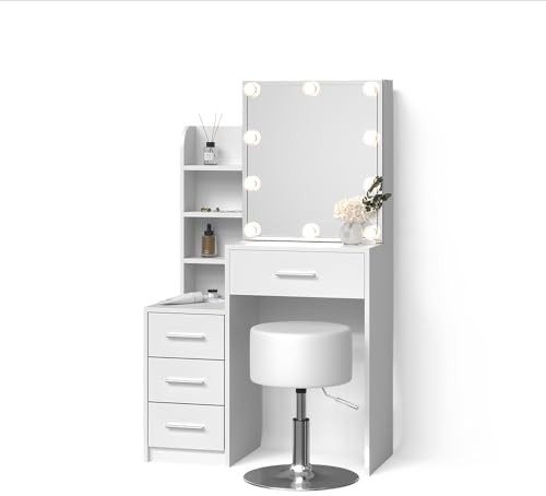 Livinity Schminktisch Loreta, Weiß | ✓ Spiegel mit LED-Lichterkette · ✓ Hocker · 4 Schubladen · Freistehend · Offene Ablagefächer