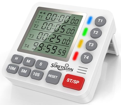Digitaler 4-Kanal Küchentimer Eieruhr Magnetische Küchenuhr Countdown Count up Timer mit großer LCD-Anzeige Laut Ton Küchenwecker Zeitmesser zum Kochen Backen Lernen, inkl. Batterien (Weiß & Grau)