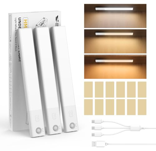 Smiling Shark Unterbauleuchte, HM-01 Schranklicht Lichtleiste Kabellos LED Magnetische 1200mAh Bewegungsmelder & 3 Farbtemperaturen Stufenlos Dimmbar Schnellladung für Küche Kleiderschrank (3 Pack)