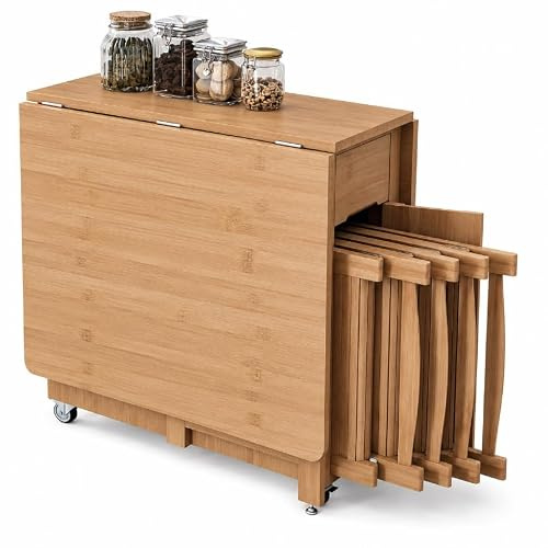 OKCMTR Bamboo Drop Leaf Table and Chairs, No Assembled, Space Saving - Wood | Folding Dining Table with Drawers & Wheels, Foldable Butterfly Table with Fold out Chairs Store Inside for Flats Kitchen