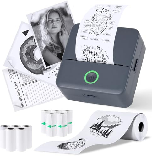 PRAOAHEI Mini Drucker, Tragbarer Thermodrucker mit 10 Rollen Druckerpapier | Bluetooth Etikettendrucker, Sofortdruck Aufkleber Drucker, Fotodrucker für Notizen, Fotos, Tagebücher, Basteln, (Grau)