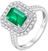 Mesnt 14K White Gold Women Engagement Ring with Luxury Rectangle Emerald and Diamond, Size N 1/2