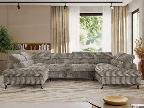 MKS MEBLE Sofa U-Form Schwarz, Wohnlandschaft, Sofa mit Schlaffunktion und Bettkasten, Schlafsofa mit Bettkasten, Couch mit Verstellbare Kopfstützen - Pablo U - Cord - Hellbraun - ohne Topper