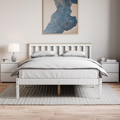 Vida Designs Milan Double Bed Frame with Mattress | White & Pine | Low Foot | Solid Pine Wood | 82 H x 144.5 W x 196.5 D cm | Reinforced Slats | Storage Space | Multi Support Base | Bedroom Furniture