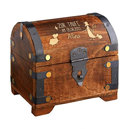 Casa Vivente Geldschatztruhe aus dunklem Holz mit Gravur zur Taufe, Motiv Hirte, Personalisiert mit Namen und Datum, Spardose als Taufgeschenk