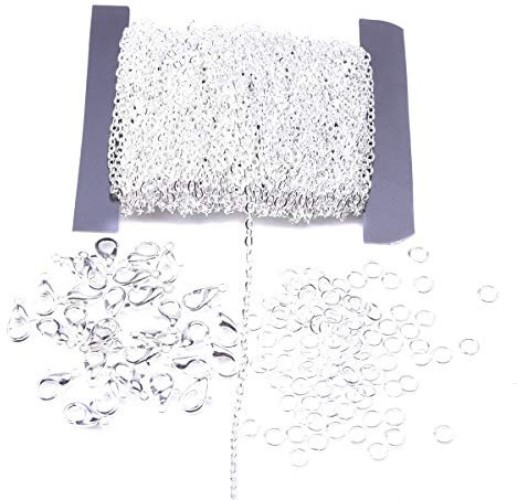 Numblartd 39Ft Flat Iron Twisted Cross Chain - 2x3mm Cable Link Chain with 100 Pcs Open Jump Rings and 30 Pcs Lobster Clasps for DIY Jewelry Chains Making Bracelet Necklace (Silver)
