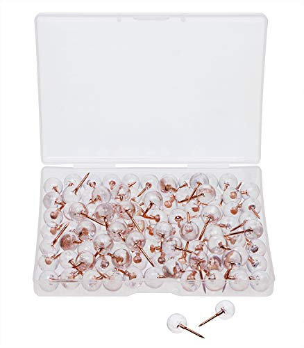 Tupalizy 100PCS 1/3 Inch Decorative Push Pins Transparent Plastic Head and Rose Gold Steel Point Thumb Tacks Flat Clear Map Marking Pins for Bulletin Cork Board,DIY Craft Home Office Use (Rose Gold)