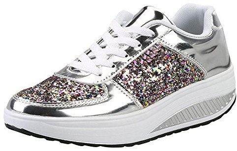 Damen Sneaker Glitzer Pailletten Lack Elegant Schnürung Schuhe Frauen Dicker Sportschuhe（Silber，）